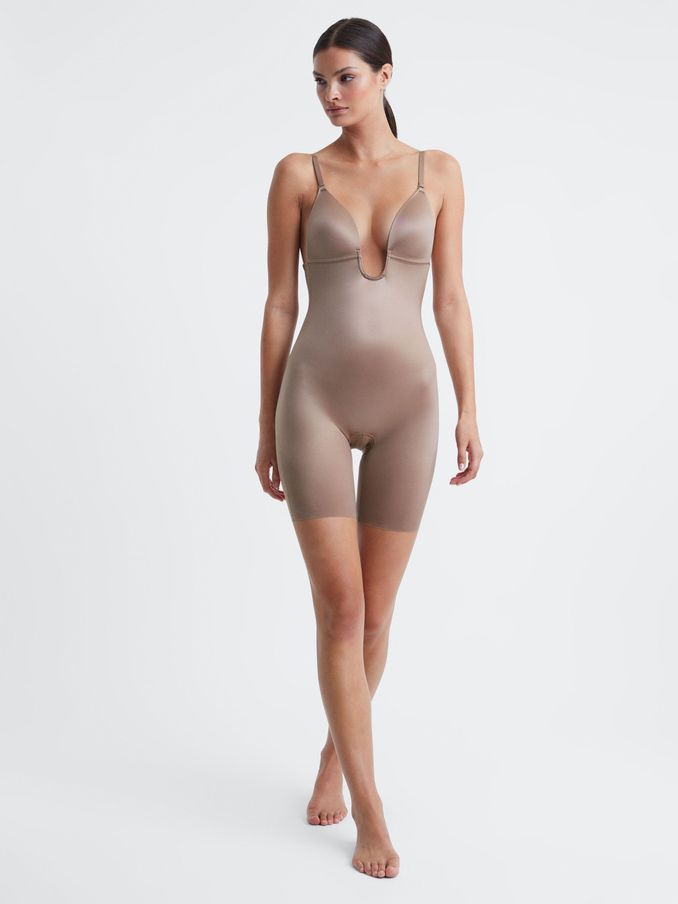Spanx Shapewear Firming Plunge Low-Back Mid-Thigh Bodysuit in Cafe Au Lait (Q71764) | £132