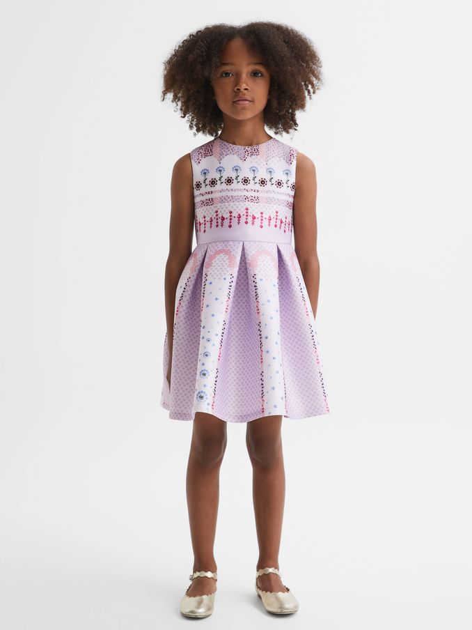 4-9 yrs Scuba Floral Print Dress in Lilac (Q74810) | £15