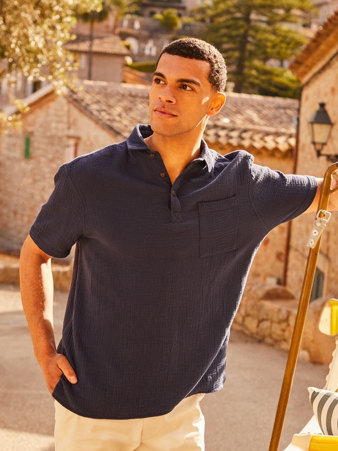 Cheesecloth Navy Blue Popover Short Sleeve Shirt (Q79997) | £29