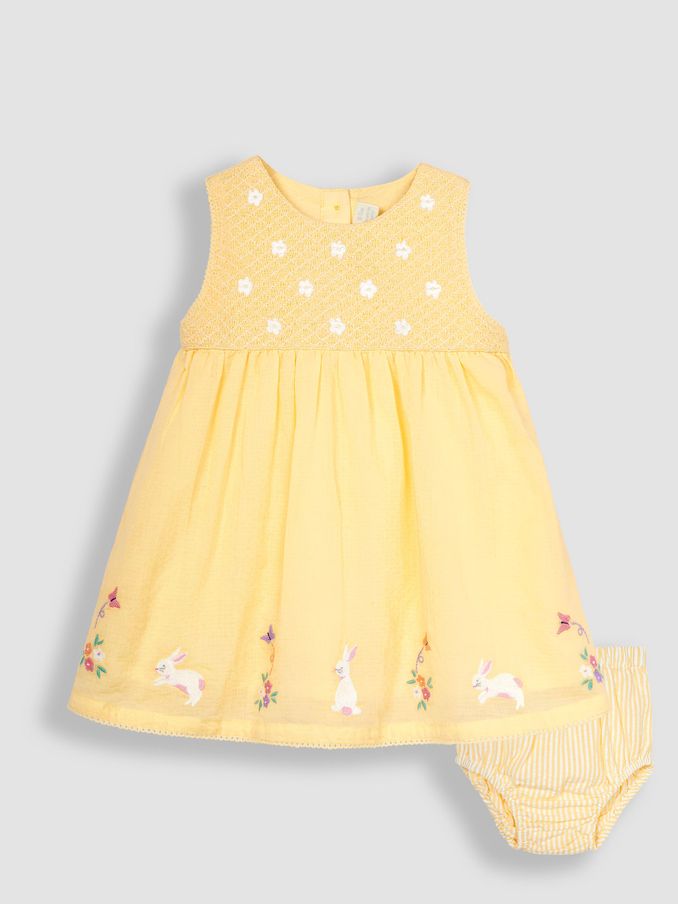 Yellow Bunny Floral Embroidered Smocked Baby Dress (Q80723) | £10