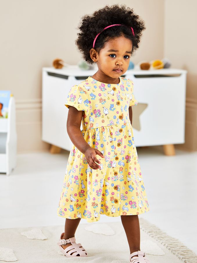 Yellow Bunny & Duck Button Through Pet In Pocket Jersey Dress (Q80728) | £12