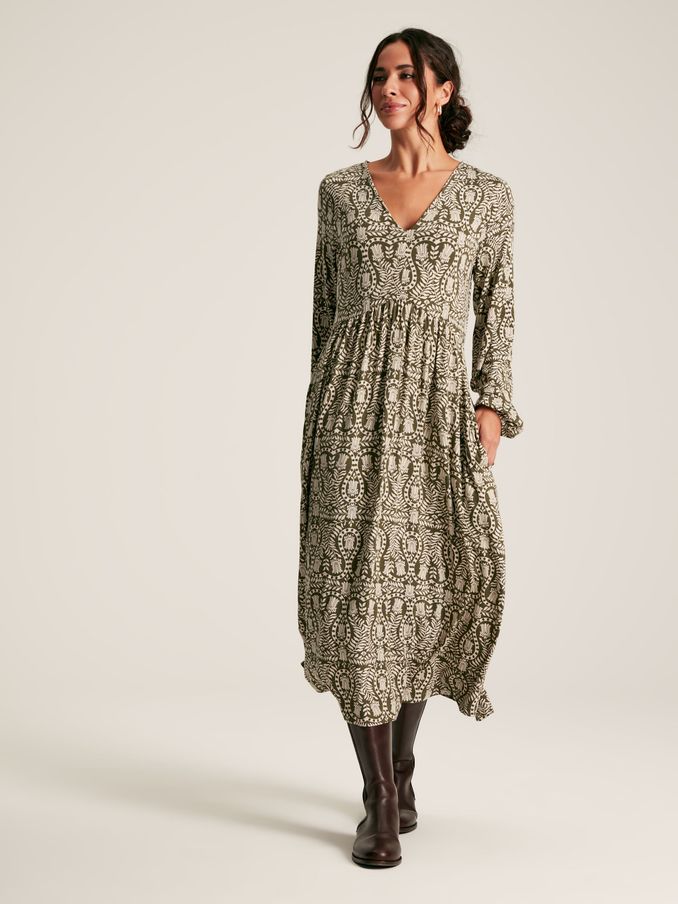 Nia Green Printed Long Sleeve Midaxi Dress With Pockets