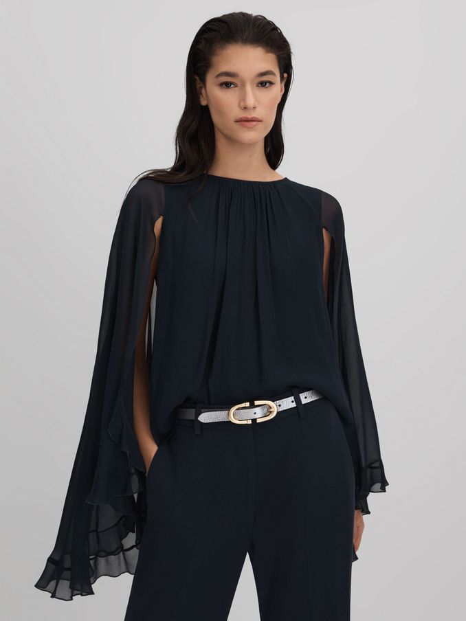 Pleated Cape Style Top in Navy (Q82038) | £68