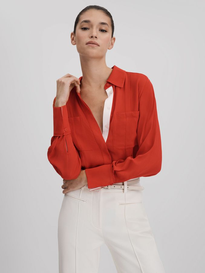 Contrast Trim Button-Through Shirt in Red (Q82041) | £88
