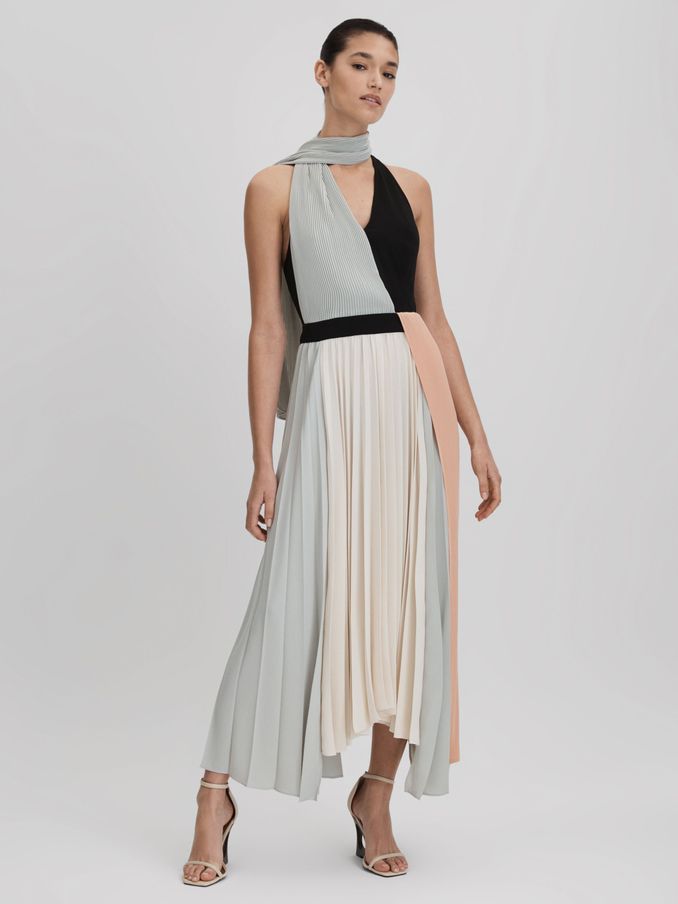 Pleated Asymmetric Midi Dress in Pink/Cream (Q82059) | £118
