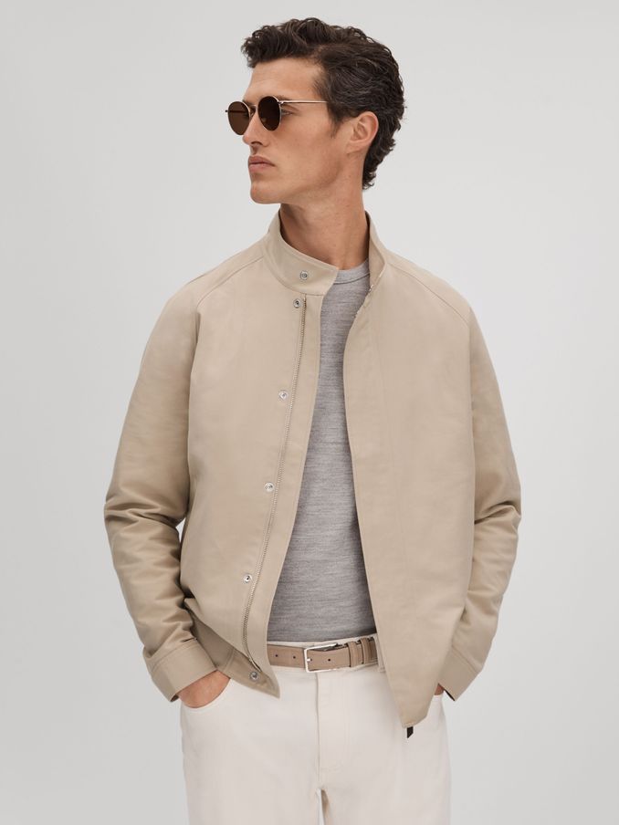 Cotton Blend Zip-Through Jacket in Stone