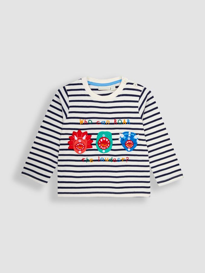 Ecru Navy Stripe Dino Appliqué Top (Q82899) | £9
