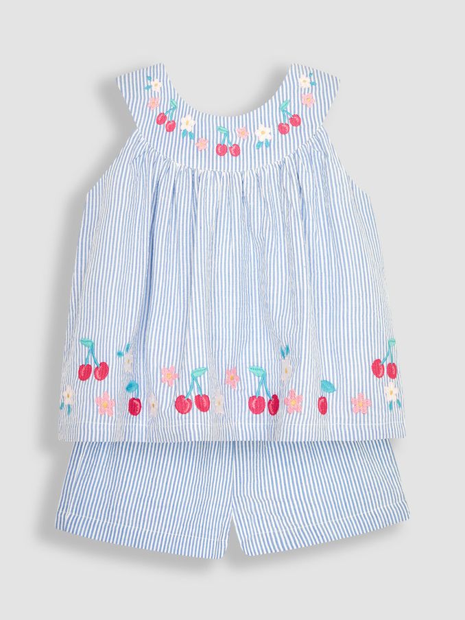 Blue 2-Piece Cherry Embroidered Seersucker Blouse & Shorts Set (Q82915) | £21