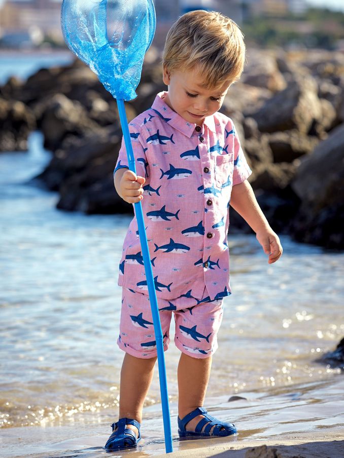 2-Piece Shark Cotton Linen Shirt & Shorts Set in Coral (Q82916) | £28 - £36