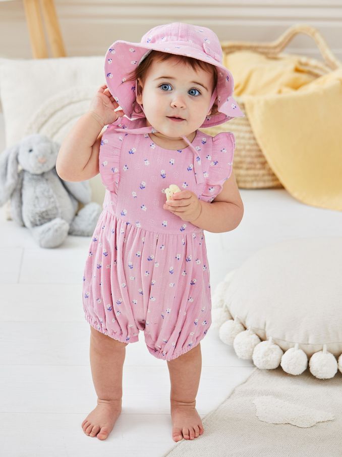 Pink 2-Piece Floral Cheesecloth Bubble Romper & Hat Set (Q82952) | £14
