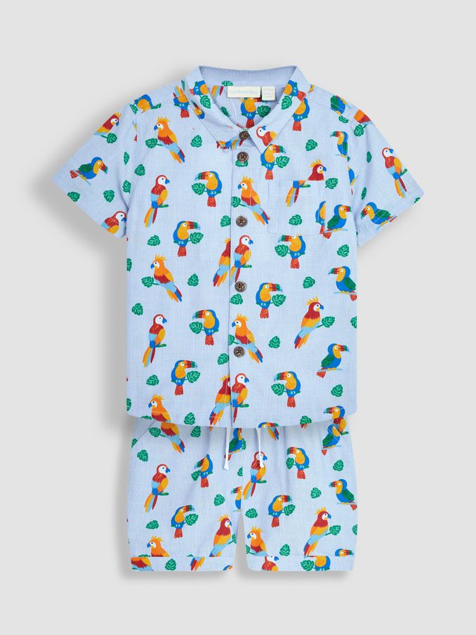 Blue Tropical Bird Printed Shirt & Shorts Set (Q82969) | £16