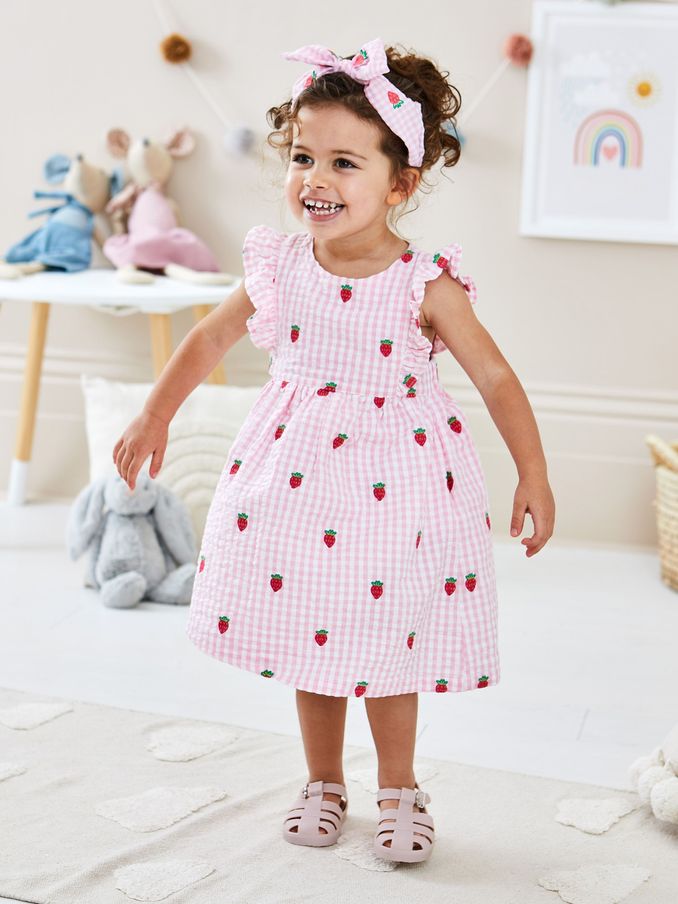 Pink Strawberry Embroidered Gingham Pretty Summer Dress (Q82972) | £16