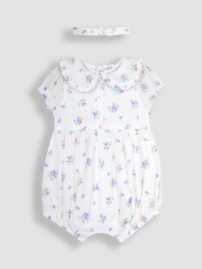 2-Piece Floral Cheesecloth Romper & Headband Set in Cream (Q83007) | £15