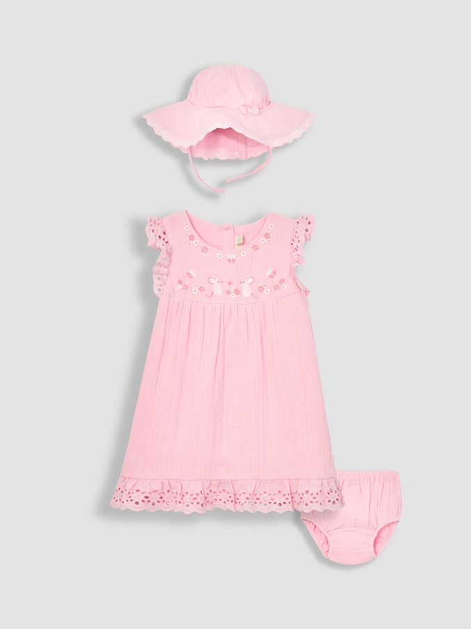 Pink Mouse 2-Piece Broderie Cheesecloth Dress & Hat Set (Q83040) | £14