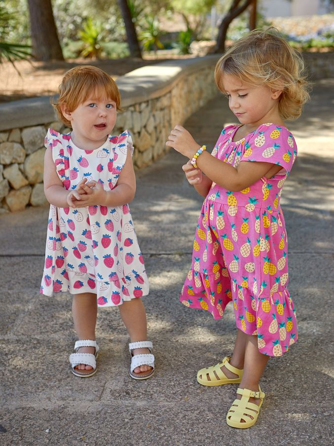 Pink Strawberry Frill Shoulder Pretty Summer Jersey Dress (Q83145) | £9