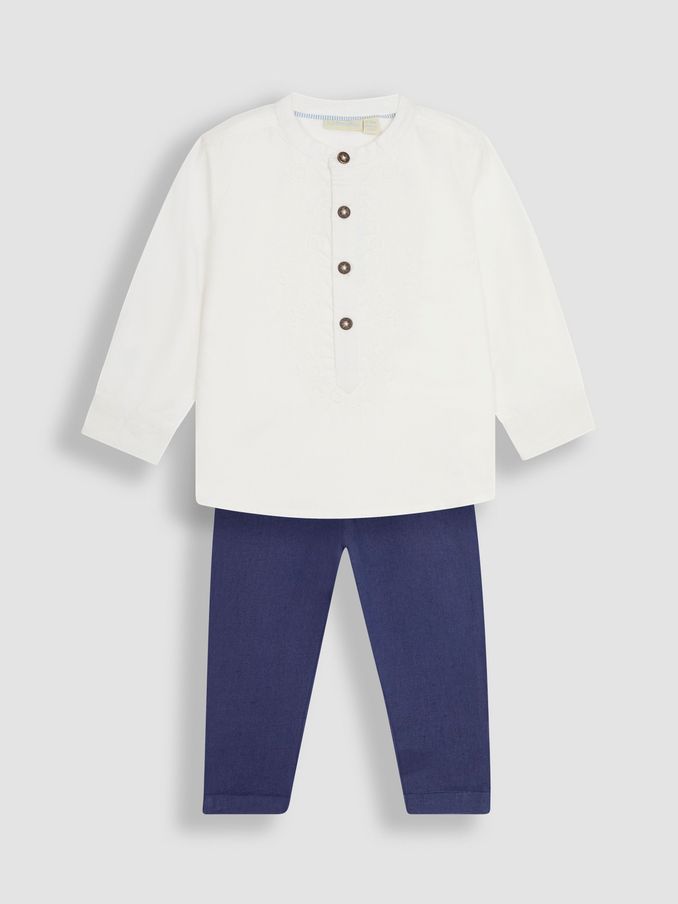 White 2-Piece Embroidered Grandad Shirt & Trousers Set (Q83188) | £30