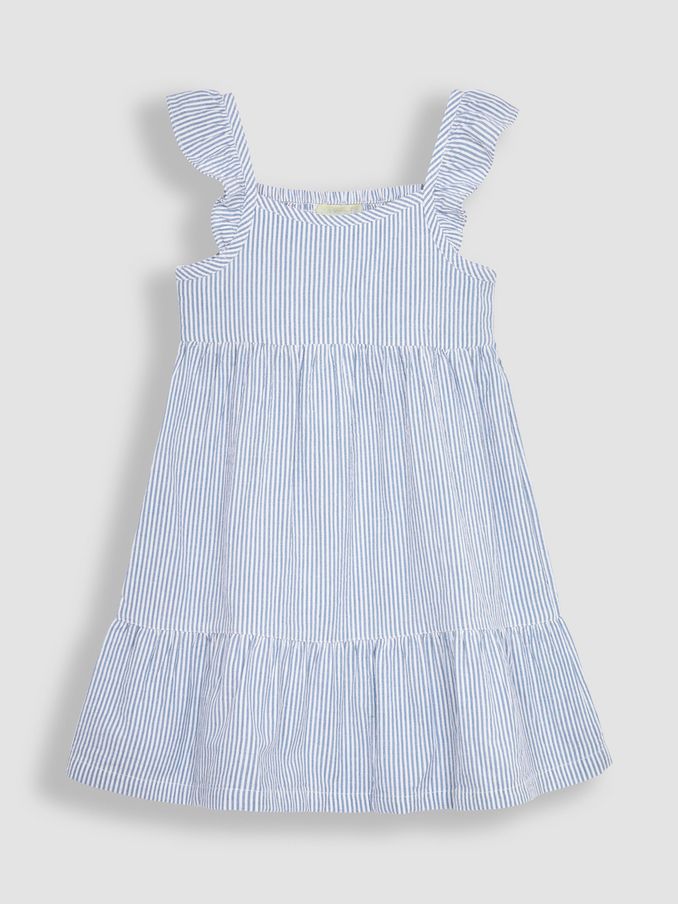 Blue Seersucker Stripe Frill Shoulder Tiered Dress (Q83203) | £11
