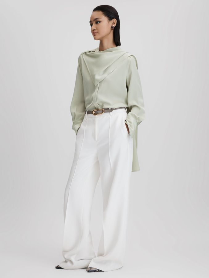 Satin Detachable Scarf Shirt in Sage (Q83315) | £58