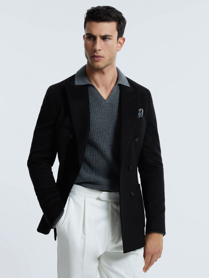 Atelier Cashmere Modern Fit Double Breasted Blazer in Navy (Q83402) | £218