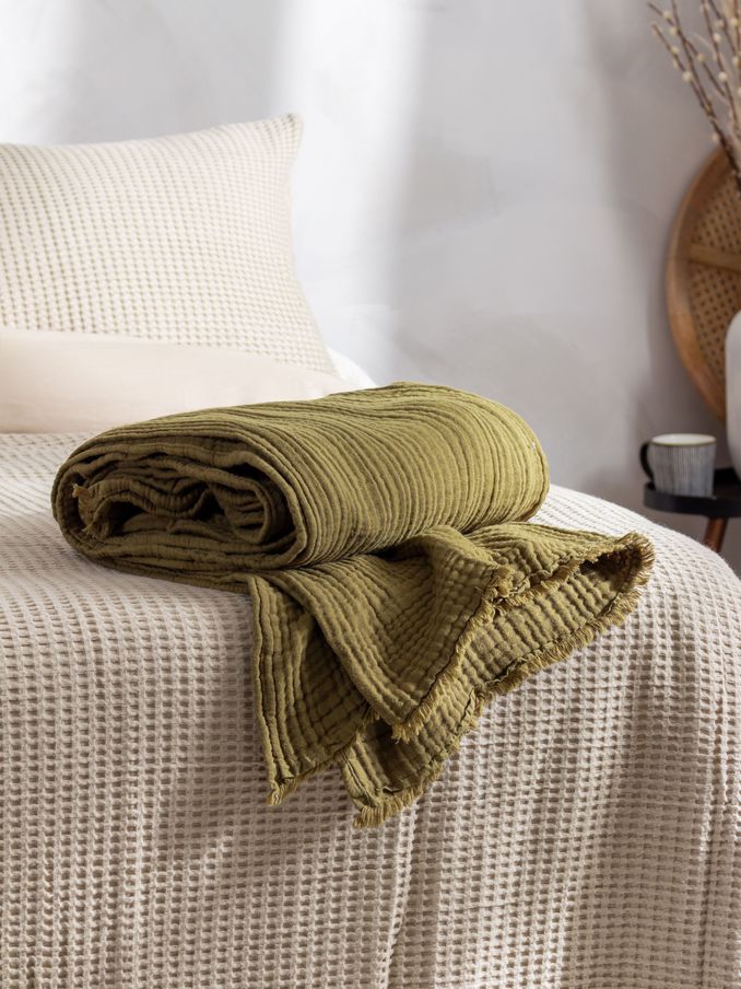 Yard Khaki Green Lark 4 Layer Muslin Crinkle 100% Cotton Throw (Q83671) | £36