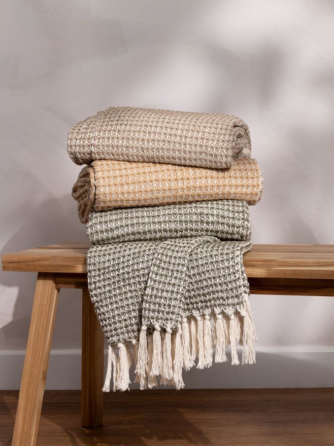 Yard Biscuit Brown Lorne Waffle Fringed 100% Cotton Throw (Q83700) | £28