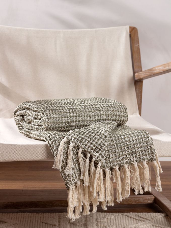 Yard Lichen Green Lorne Waffle Fringed 100% Cotton Throw (Q83703) | £28