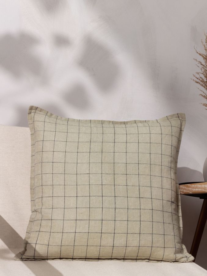 Yard Stone Beige 100% Linen Grid Check Feather Filled Cushion (Q83861) | £32