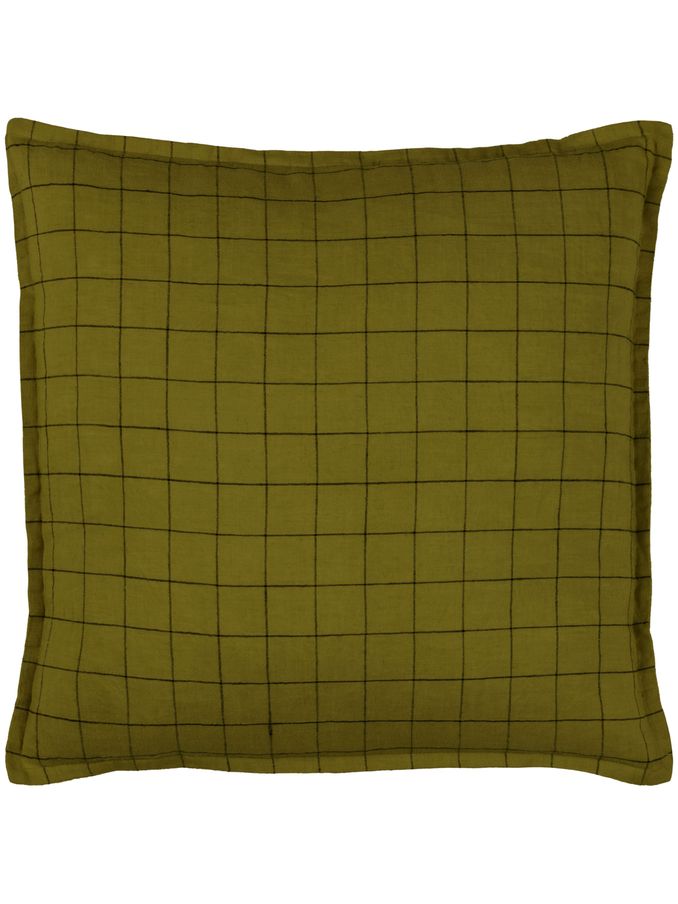 Yard Olive Green 100% Linen Grid Check Feather Filled Cushion (Q83907) | £32