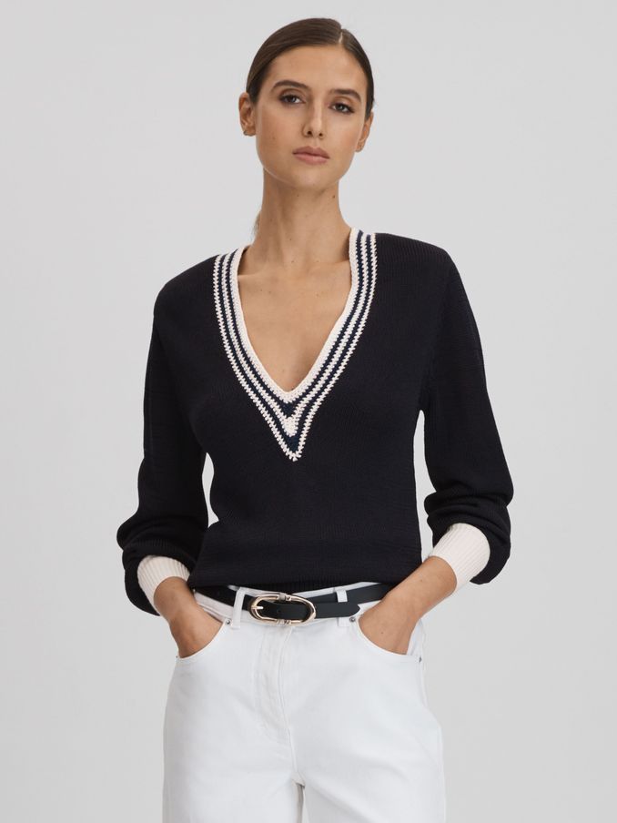 Crochet V-Neck Jumper in Navy/White (Q85803) | £58