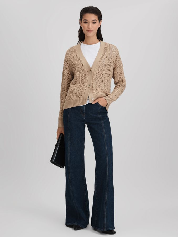 Cotton Blend Open Stitch Cardigan in Neutral (Q85834) | £45