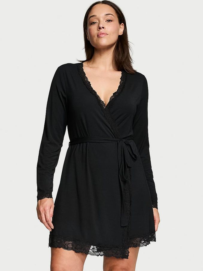 Black Modal Lace Trim Robe (Q85882) | £49