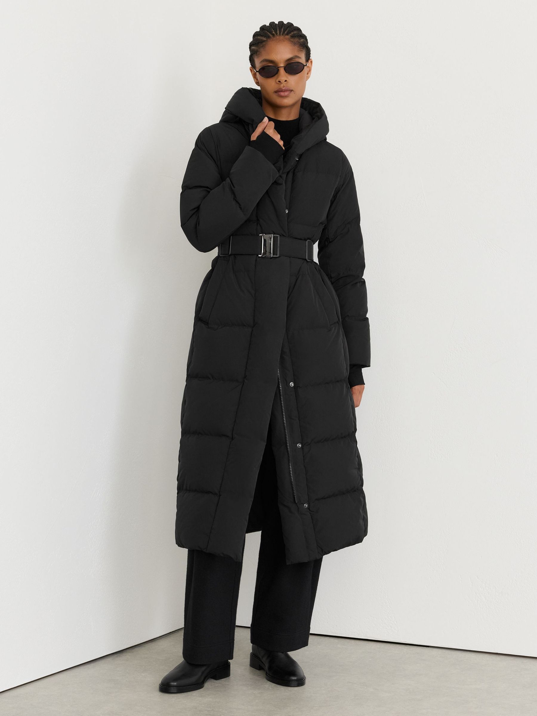 Black - Belted Longline Hooded Puffer Coat