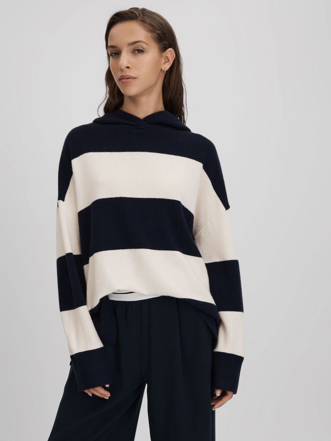 Wool Blend Striped Hoodie in Navy/Ivory (Q90741) | £58