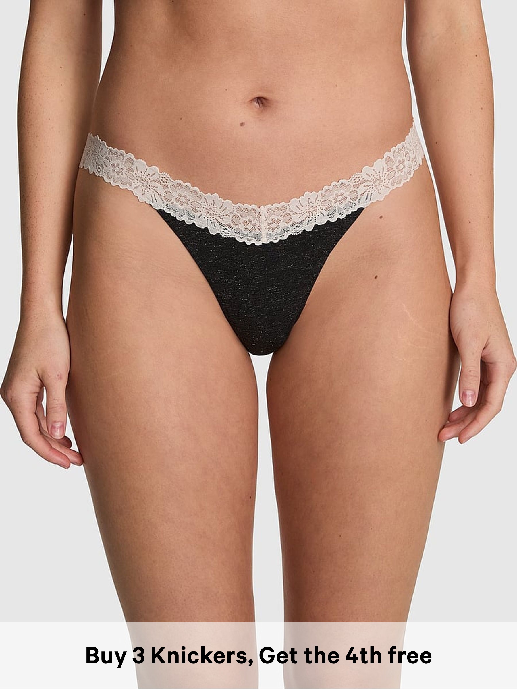 Charcoal Heather Grey - Thong Cotton Heather Lace Trim Knickers