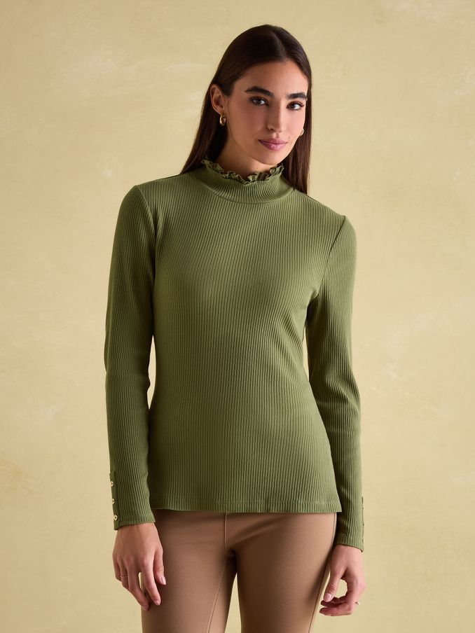 Amy Green Ribbed Long Sleeve High Neck Jersey Top (Q94438) | £17