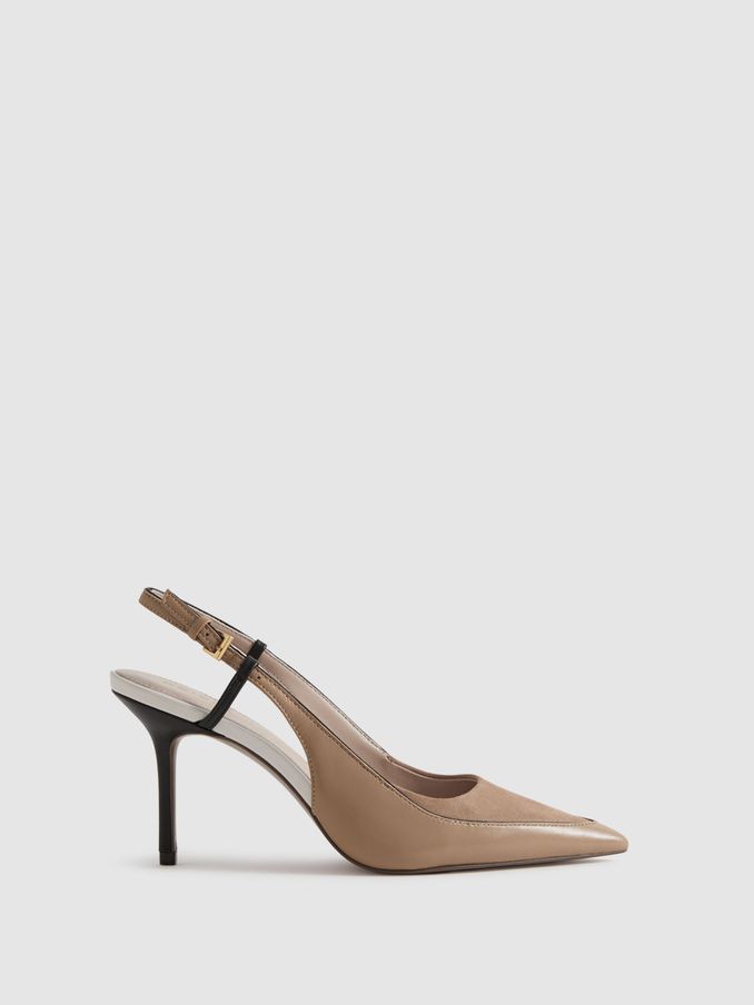 Leather Suede Pointed Slingback Heels in Nude (Q99089) | £118