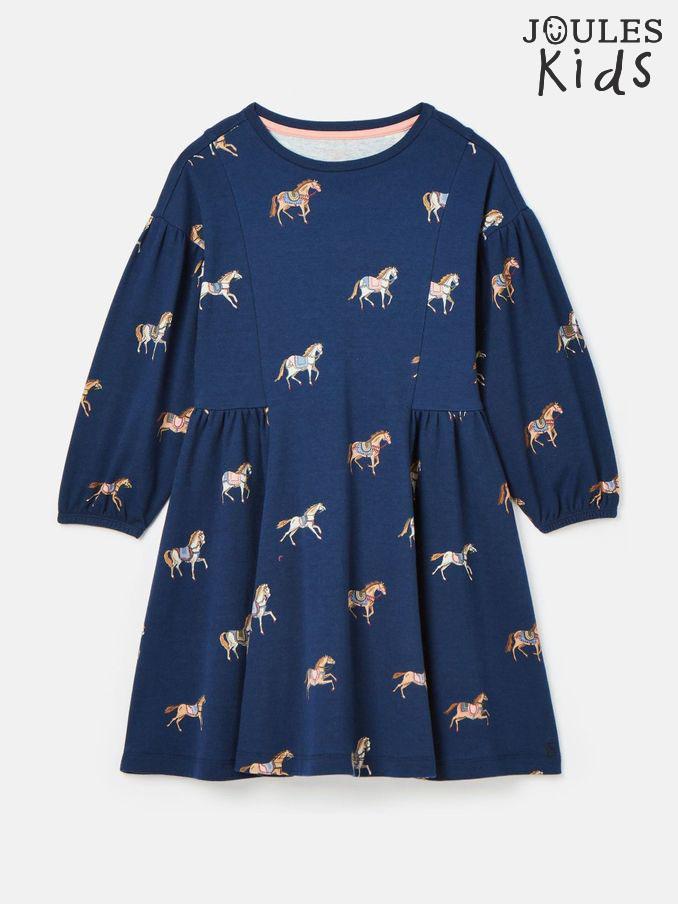 Girls' Aubrey Navy Horse Print Jersey Dress (Q99795) | £24 - £27