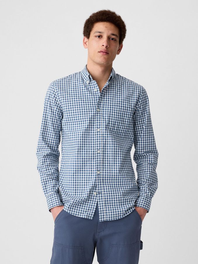 Blue and White Gingham Stretch Button-Up Slim Fit Shirt (R07949) | £35