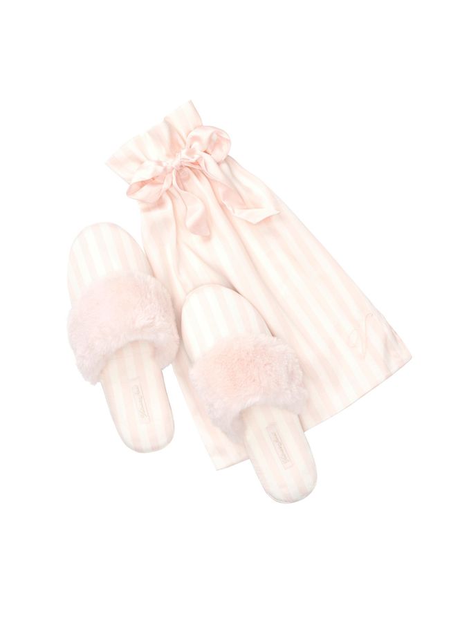 Pink White Stripe Satin Stripe Slippers (R26594) | £12