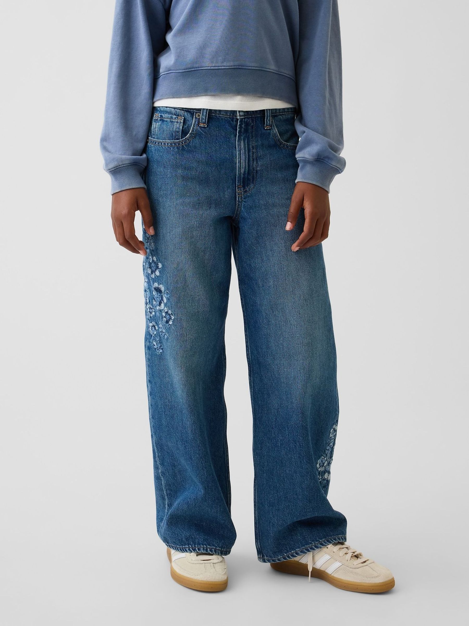 Floral Blue Embroidered - Low Rise Stride Wide-leg Jeans