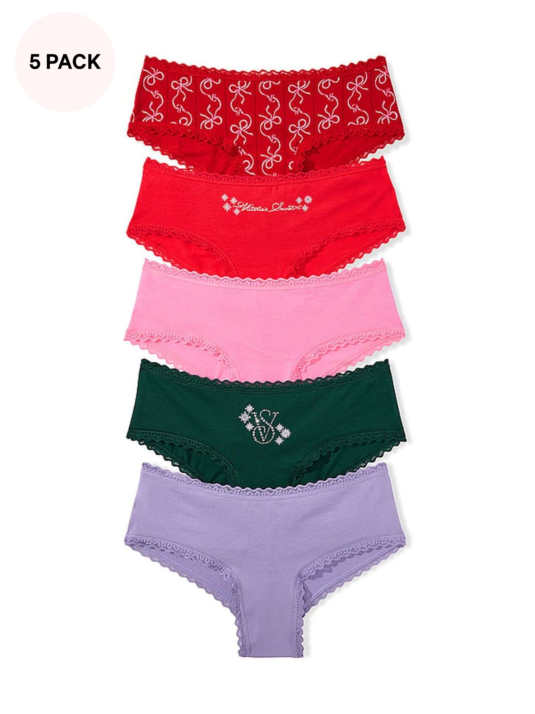Christmas Red/Pink/Green/Purple - Cheeky 5 Pack Cotton Lace Trim Knickers
