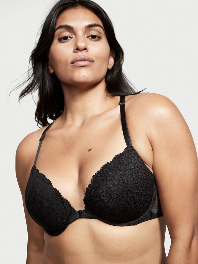 Black Lace Front Fastening Push Up T-Shirt Bra (R54855) | £16