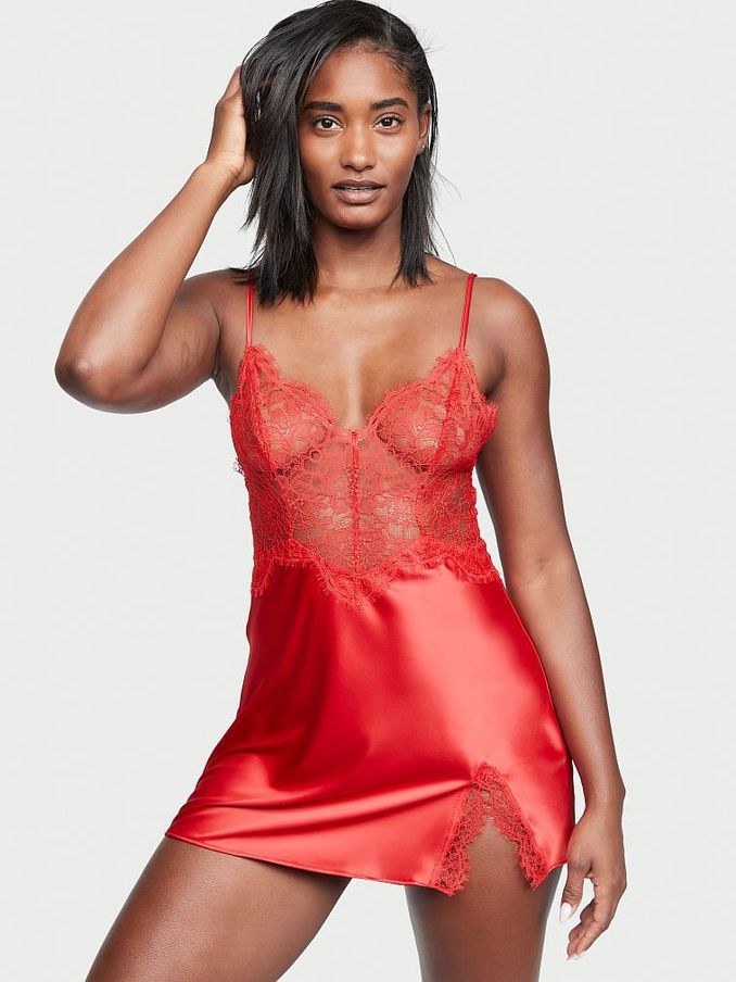 Lipstick Red Satin Lace Slip Dress (R66918) | £59