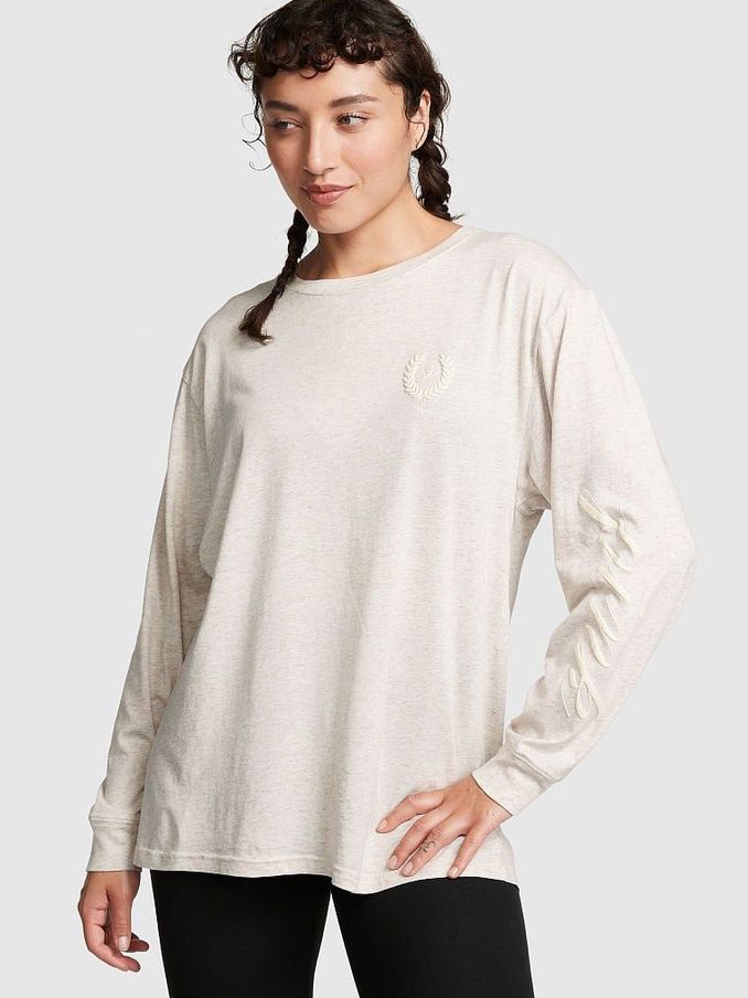 Heather Oatmeal Beige Long Sleeve Oversized Campus T-Shirt (R83655) | £11