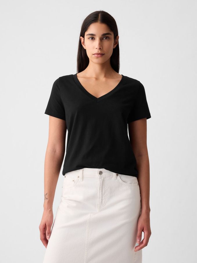 Black V-Neck Vintage 100% Organic Cotton Short Sleeve T-Shirt (R91629) | £18