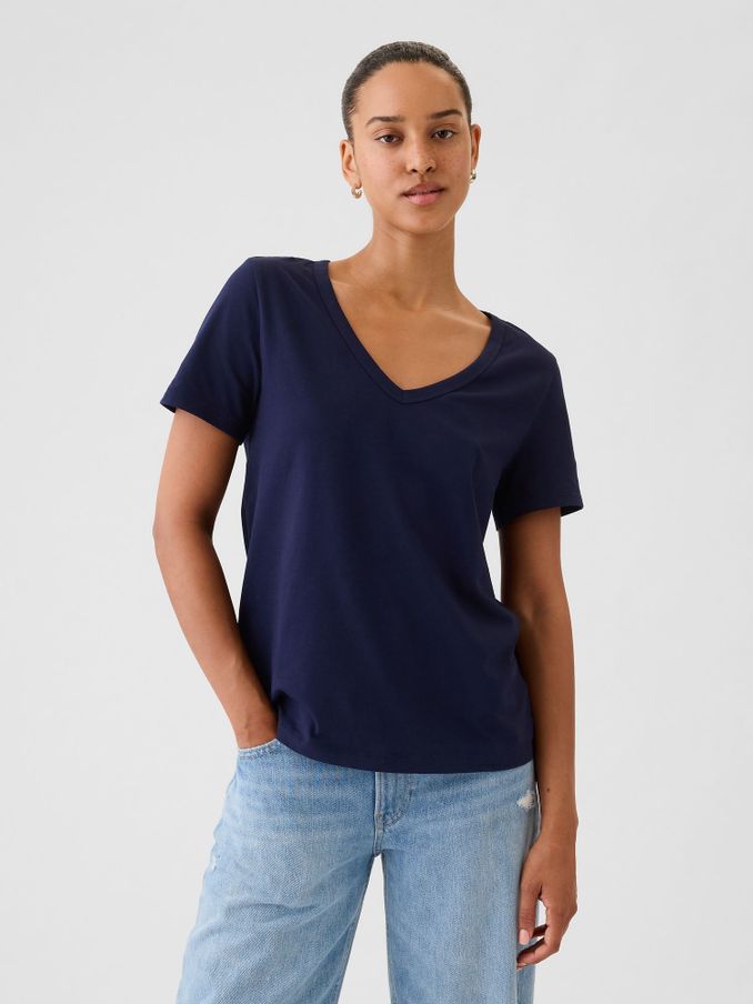 Navy Blue V-Neck Vintage 100% Organic Cotton Short Sleeve T-Shirt (R91655) | £18