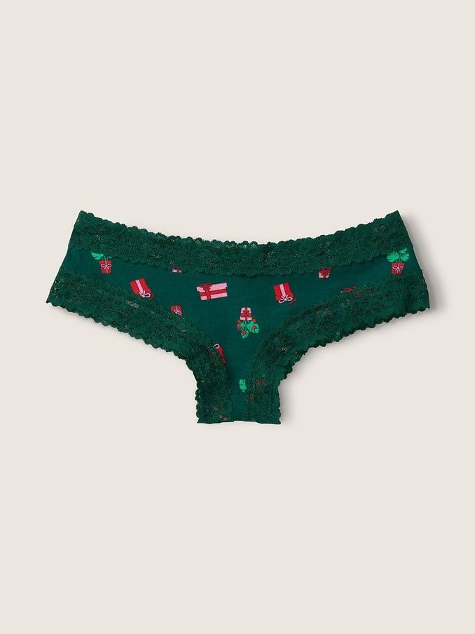 Dark Garden Green Christmas Print Cotton Lace Trim Cheeky Knickers (R92593) | £3