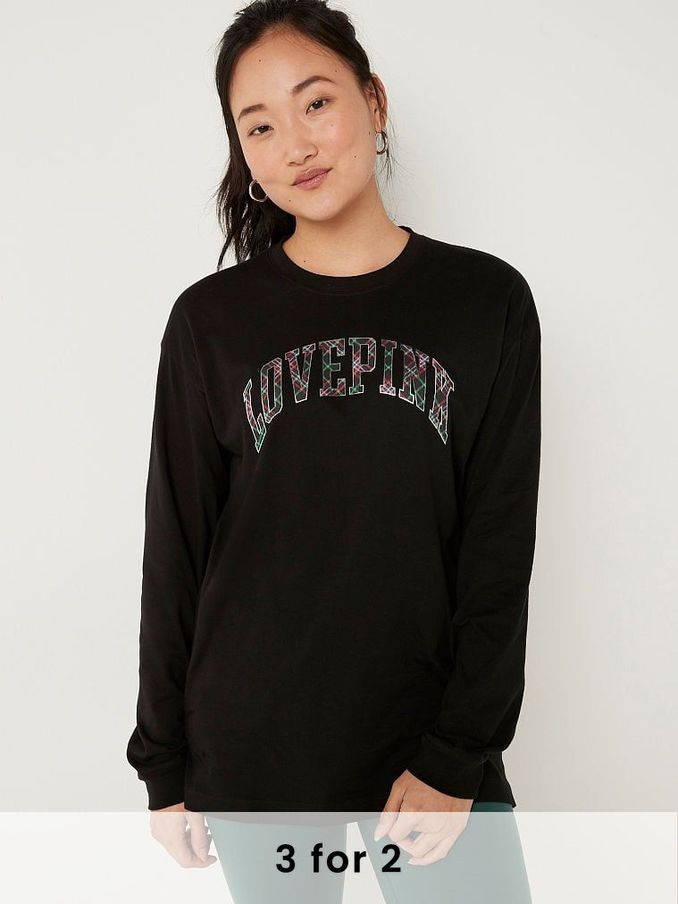 Pure Black Plaid Shine Logo Cotton Long Sleeve Campus T-Shirt (RA3466) | £20