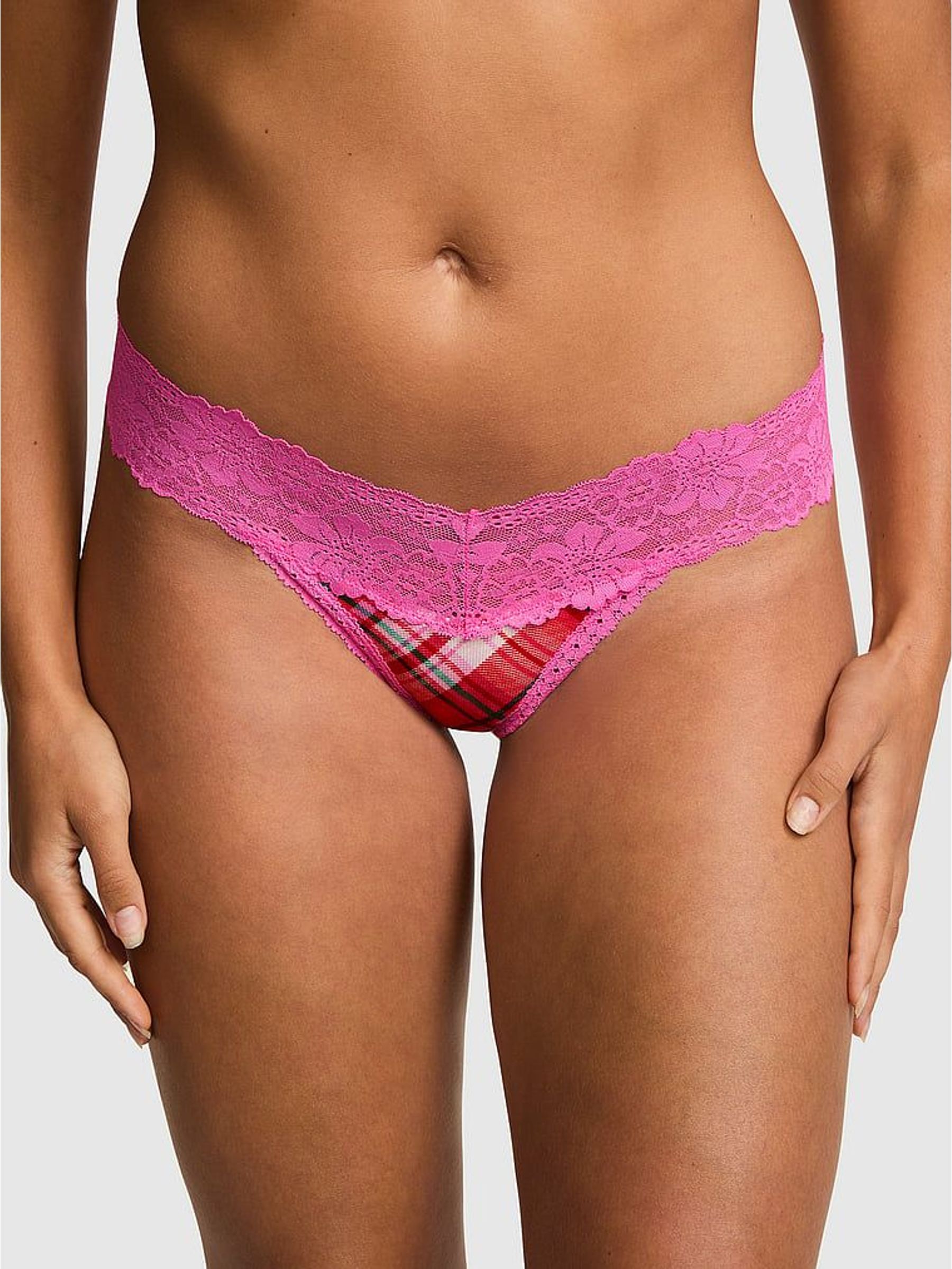 Bright Vermillion Red Tartan - Thong Lace Trim Rib Knickers