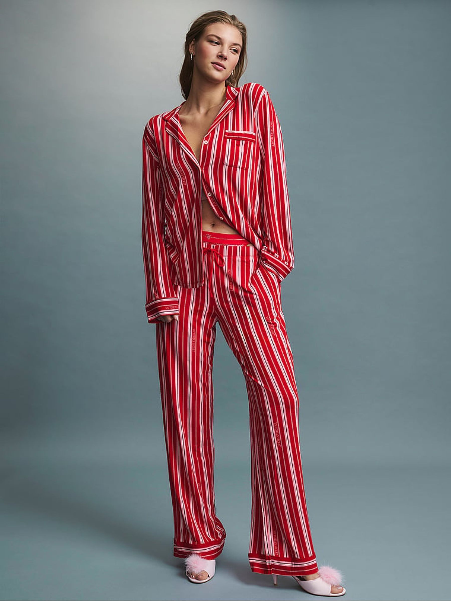 Red & Pink Christmas Candy Cane Stripe - Modal Long Pyjamas Set